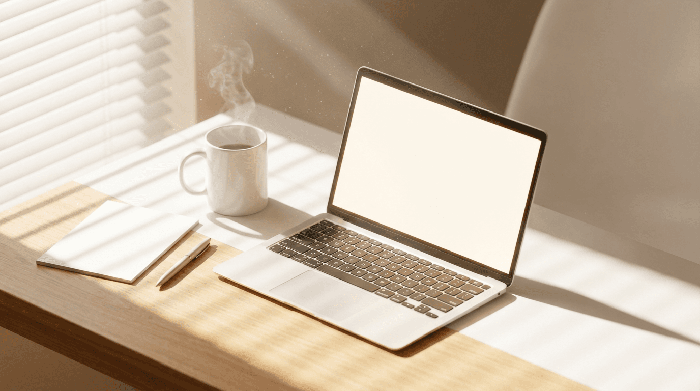Laptop and coffee cup on a wooden café table