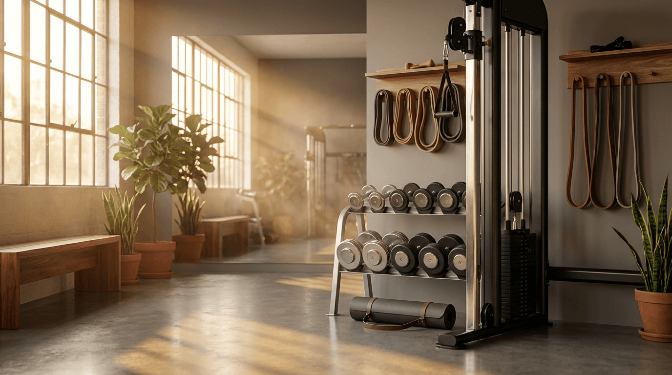 A fitness studio website homepage displayed on a wall-mounted TV in a bright workout studio