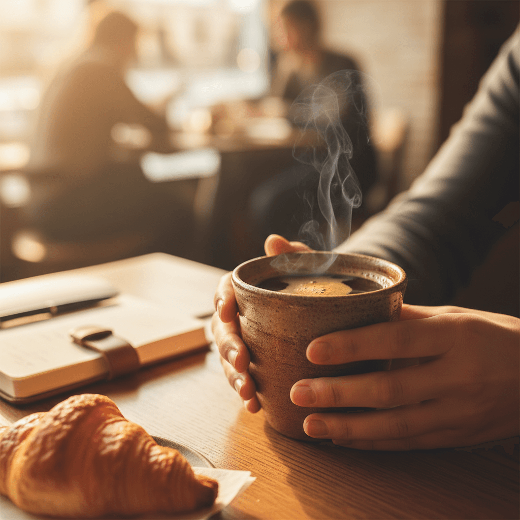 Two coffee cups being offered on a wooden table with a laptop in the background
