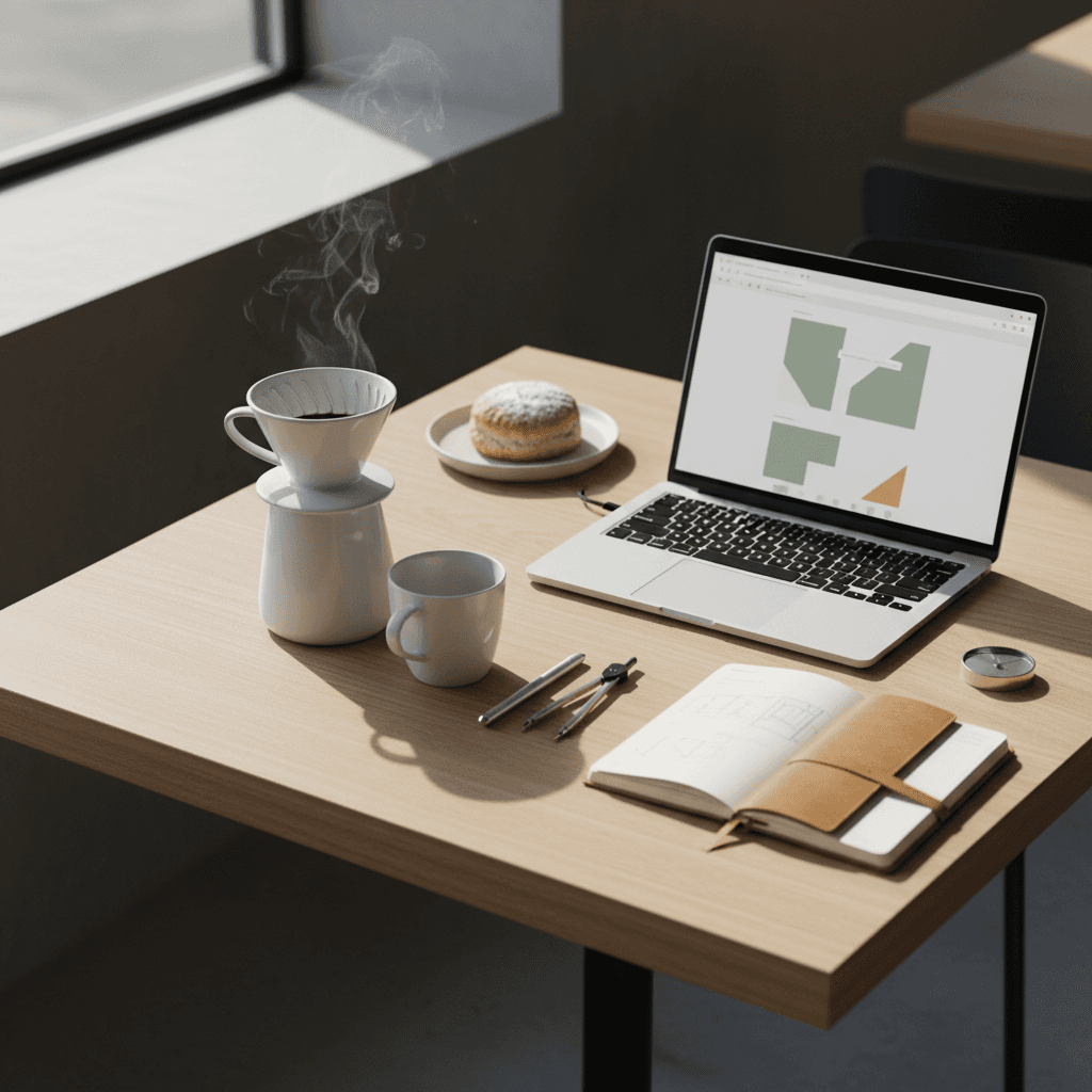 Laptop on a café table with a coffee cup, soft morning light