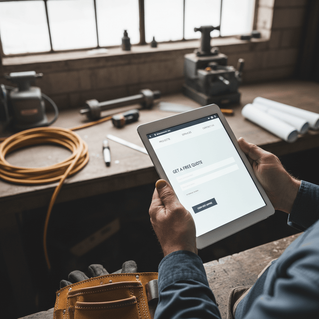A contractor website homepage displayed on a tablet held by a worker at a construction site