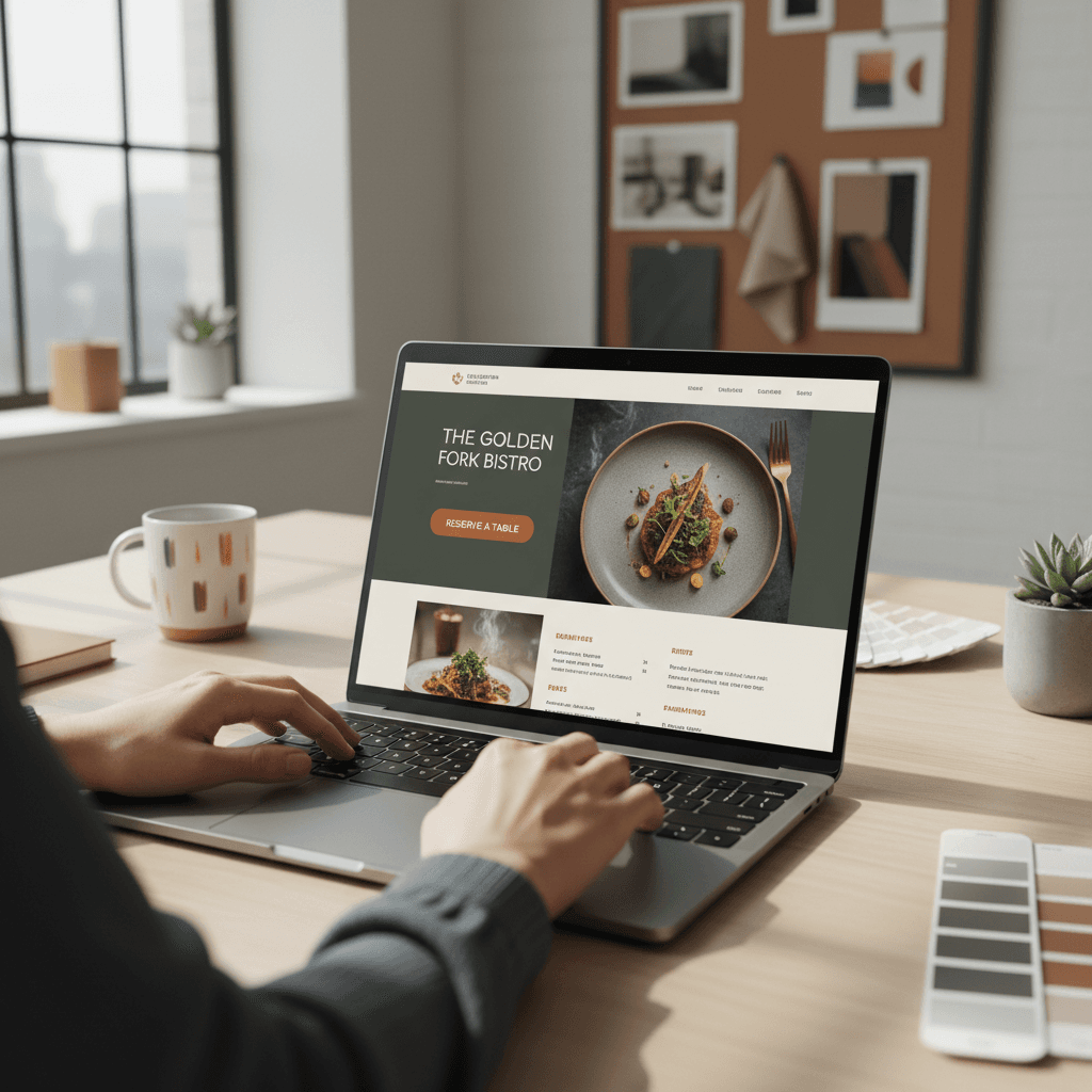 A restaurant website homepage displayed on a laptop in a sunlit café setting