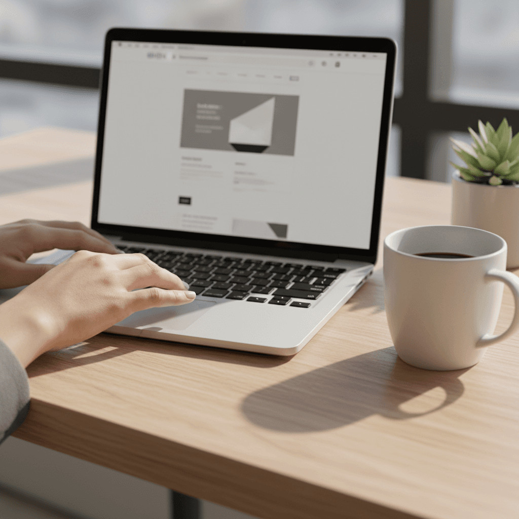 Web designer working on a laptop in a bright home office