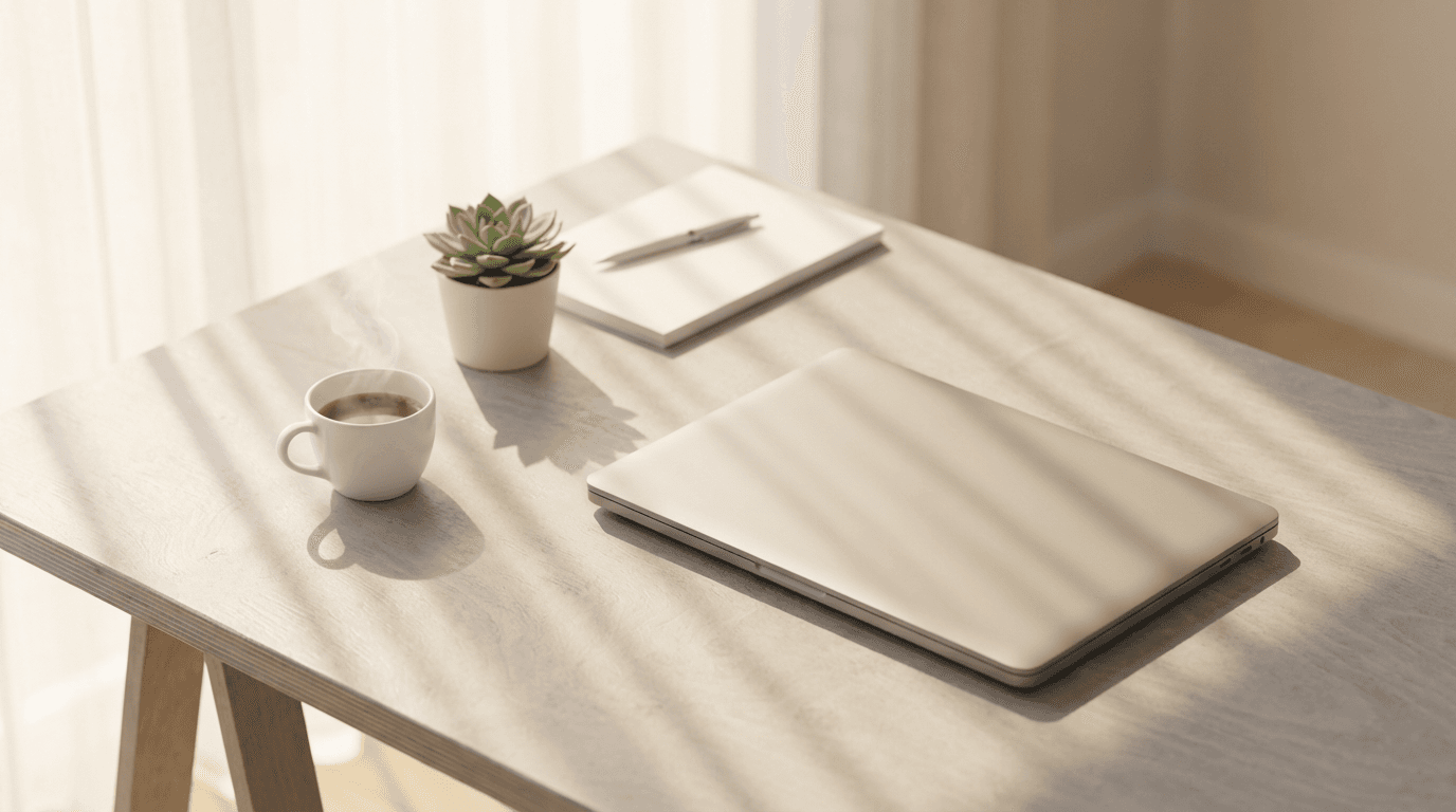 Laptop on a desk with a coffee mug and succulent in a bright home office